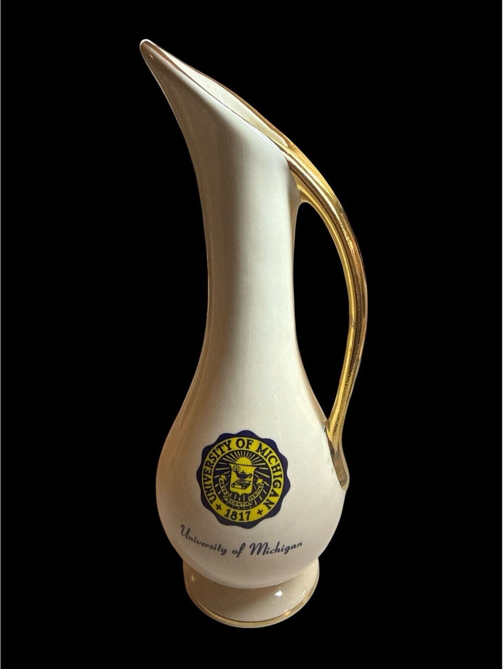 Michigan University Ceramic Pitcher with Gold Trim Vintage 8"H 1979